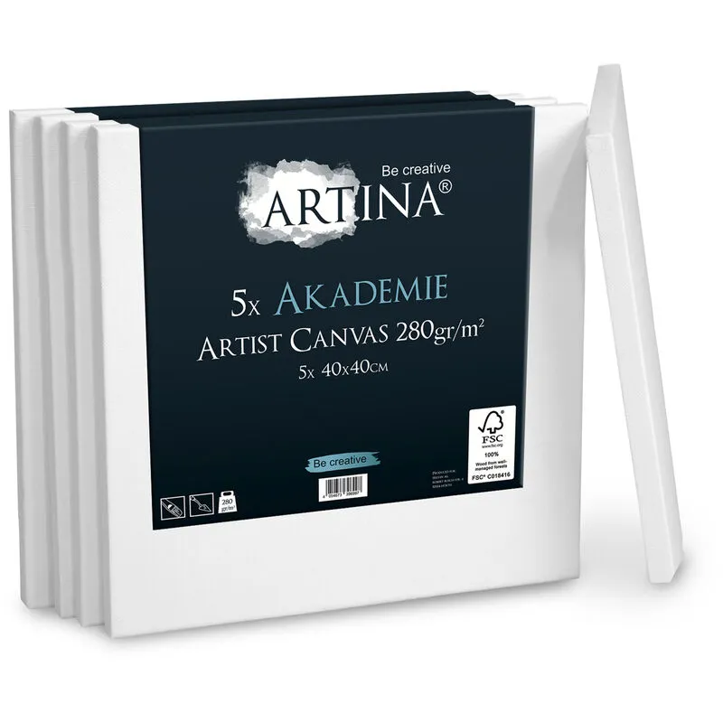 Artina - Set da 5 Tele per Pittura Akademie - 100% Cotone Bianco 280g/m² - Telaio in Legno Certificato fsc® - per dipingere 40x40x8.75 cm