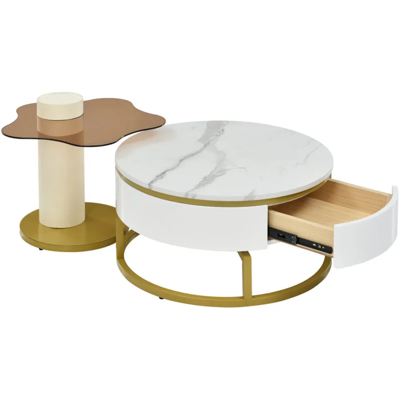 Aufun - Set di due tavolini da caffè - Tavolini da salotto: vetro elegante, piano in marmo e ardesia, cassetti in legno massiccio, quadrati, Modello b