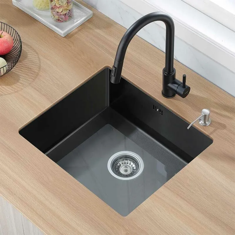 Auralum - 50x43cm Lavello Cucina Incasso in Acciaio Inox Con Gocciolatoio e Sifone Lavelli Da Cucina 1 Vasca Nero (Lavastoviglie Collegabile)