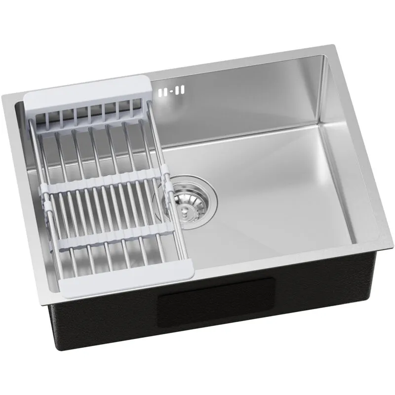 Auralum Max - Lavello in acciaio inox 60 x 44 cm, lavello per basi a partire da 65 cm, lavello in acciaio inox, incluso cestello scolapiatti, argento