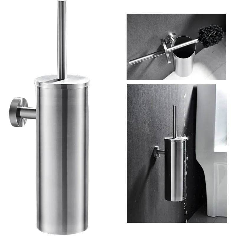 Auralum - Portascopino wc Bagno in Acciaio Inox a Parete Spazzolato Scopino Per wc e Supporto con coperchio+manico+spazzola di pulizia a 360º