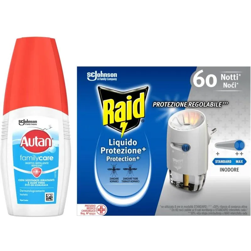 Autan - e Raid Protezione Completa, Antizanzare Family Care Vapo 1 Confezione da 100 ml, Raid Liquido Elettrico Protezione, 1 Base e 1 Ricarica