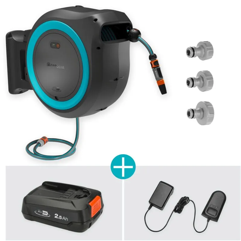  - Avvolgitubo da parete a batteria PowerRoll xl power for all set: tubo da 35 m, riavvolgimento automatico, batteria e caricatore inclusi