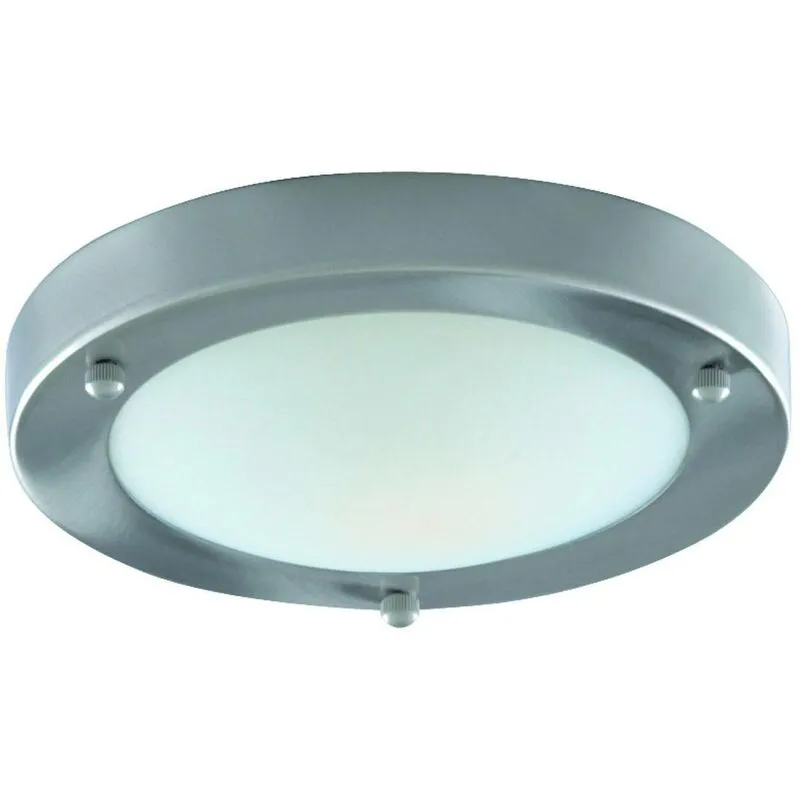 Bathroom Flush - Plafoniera a filo con 1 luce per bagno argento satinato rotonda con diffusore in vetro bombato IP44, E27 - Searchlight