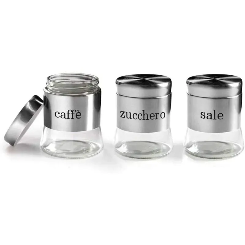 Barattoli tris set 3 pezzi caffè zucchero sale 11 x 14 cm 750 ml argento