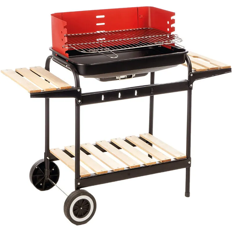 Barbecue Trolley a Carbonella In Metallo e Legno bbq Braciere Portatile Ripiani