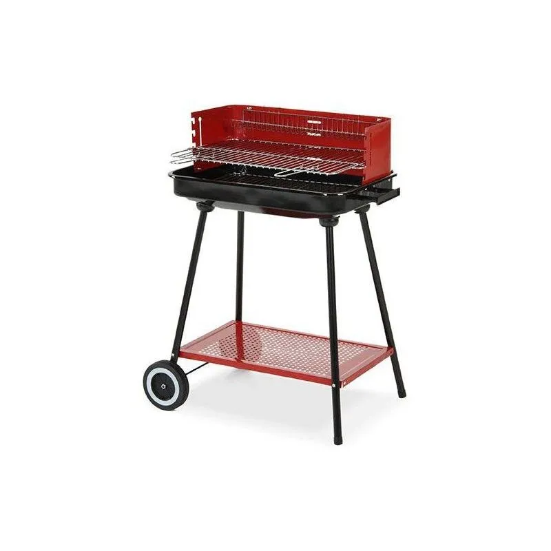 Latina barbecue a carbonella 58x38x95 cm con paravento e ruote in acciaio rosso e nero