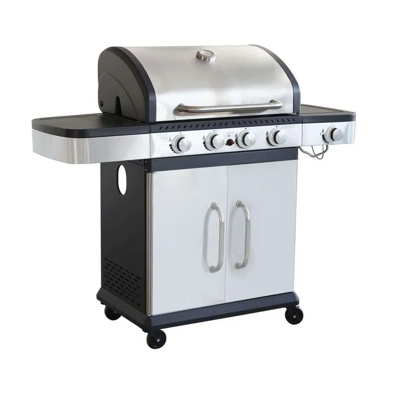 Barbecue a gas con quattro fuochi 128,5x56x112 cm in acciaio verniciato grigio e nero - Siderno