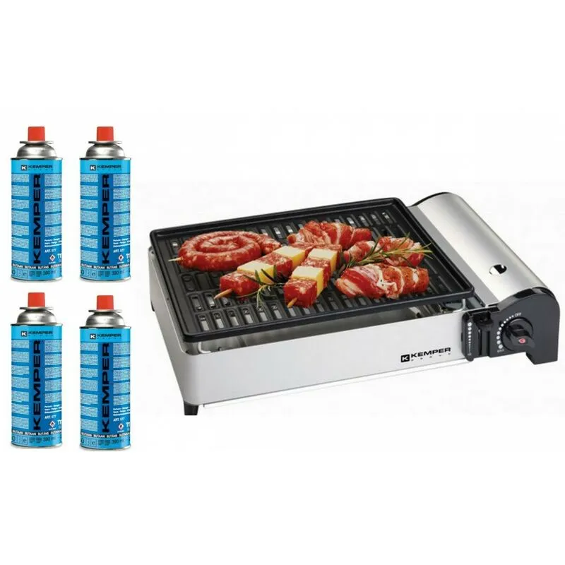 Barbecue a gas portatile da 1,9 kw Kemper anti adesivo + 4 cartucce di gas da campeggio