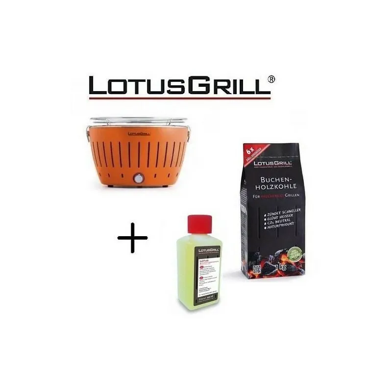 Barbecue Arancio con Batterie e Cavo di Alimentazione usb + 1Kg di Carbonella di Faggio + Gel Combustibile Inodore per Barbecue 200ml 