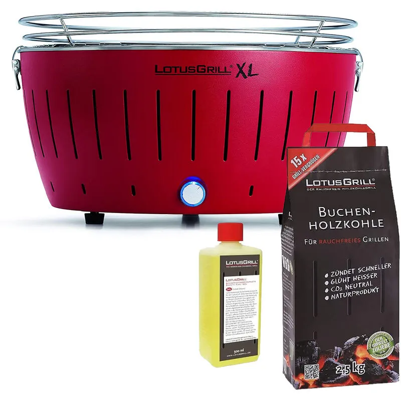 Barbecue Rosso xl con Batterie e Cavo di Alimentazione usb + 2.5Kg di Carbonella di Faggio + Gel Combustibile 500ml 