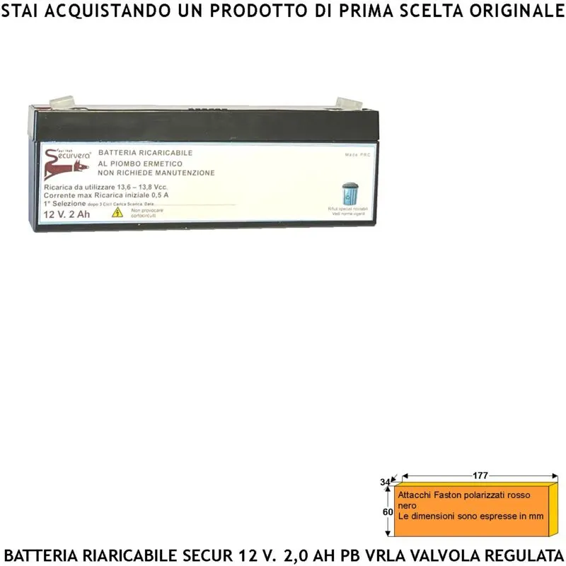 Batteria Piombo 12 v 2,0 Ah Ricaricabile Ermetica vrla Regolata da Valvola Collegamento Tramite 2 Faston 5 mm Polarizzati Caricata 3 Cicli c/s