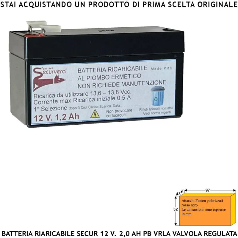 Batteria Ricaricabile al Piombo 12 v 1,2 Ah Collegamento Tramite 2 Faston 5 mm Ermetica vrla Regolata da Valvola Polarizzati Caricata 3 Cicli c/s