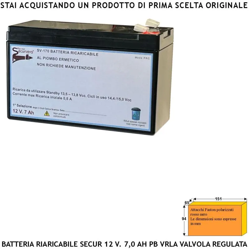 Batteria Ricaricabile al Piombo 12 v 7,0 Ah Collegamento Tramite 2 Faston 5 mm Ermetica vrla Regolata da Valvola Polarizzati Caricata 3 Cicli c/s