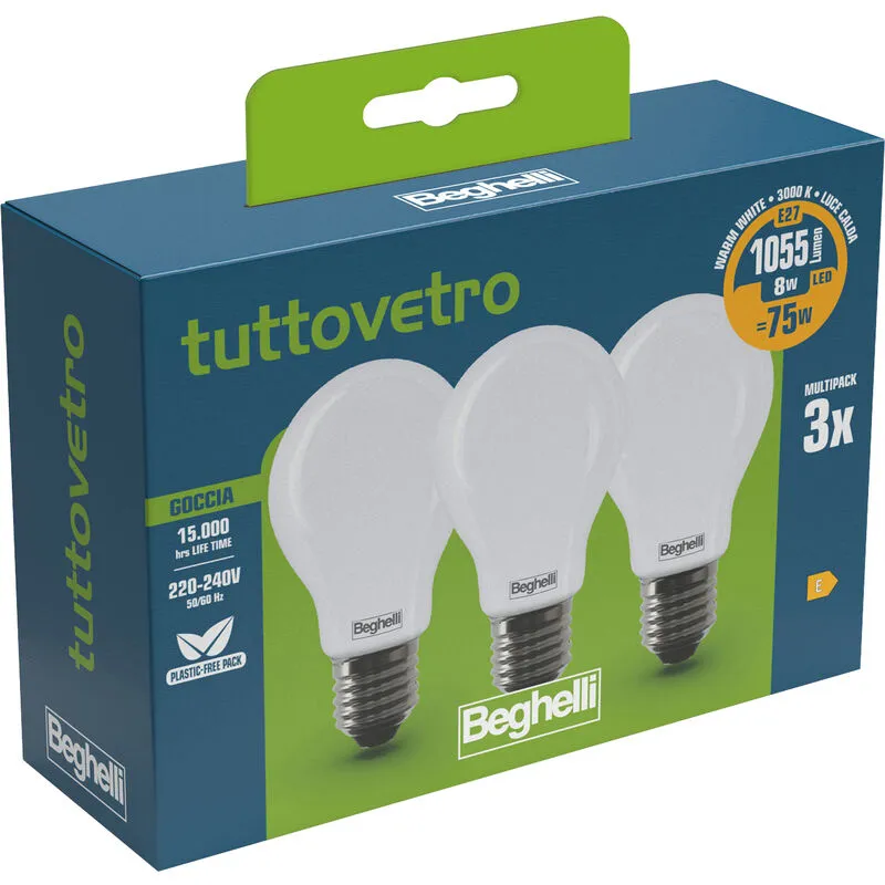 Marca - Beghelli Led 58050 Goccia E27 W8 Ca3000K Set 3