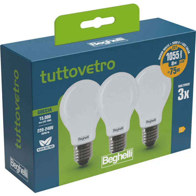 Q.ta'. 10 beghelli led goccia E27 8W 58050 calda 3000K 3 q.ta