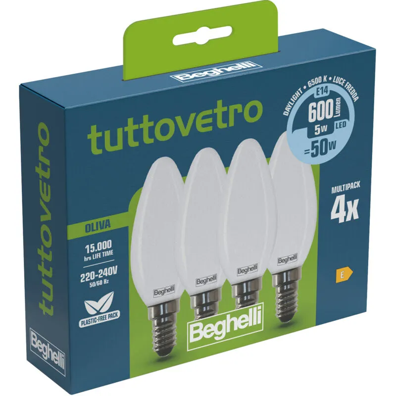 Q.ta'. 10 beghelli led oliva E14 5W 58055 fredda 6500K set 4