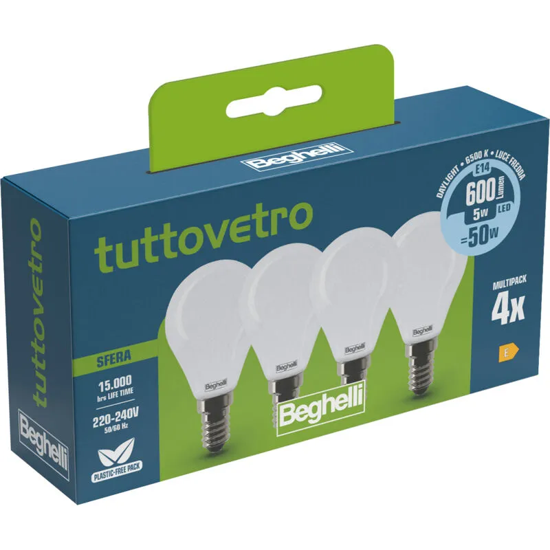 Q.ta'. 10 beghelli led sfera E14 5W 58058 fredda 6500K set 4