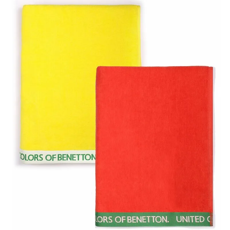 Beneton, set di 2 asciugamani da spiaggia 90 x 160 cm 380 gsm Vellur 100 Percentcotone casa  rosso + giallo, 90 x 160 c/u