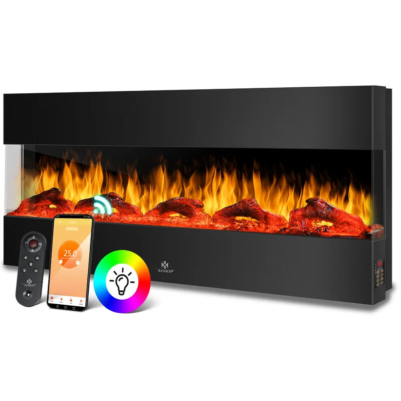 Kesser - Caminetto elettrico 3D, Con riscaldamento 9 modalità di colore Effetto fiamma led, 900/1800 w Caminetto da parete e da incasso, Nero / 117 cm