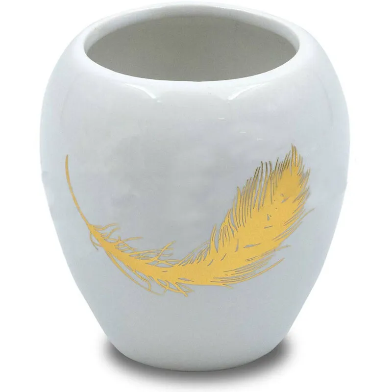 Vetrineinrete - Bicchiere porta spazzolini in ceramica bianca decorato con piuma oro portaspazzolino moderno accessori bagno