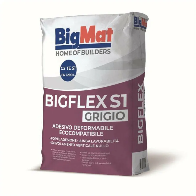 Bigflex S1 - adesivo deformabile per l'incollaggio ad alte prestazioni di gres, ceramica, pietre naturali 25KG grigio Bigmat