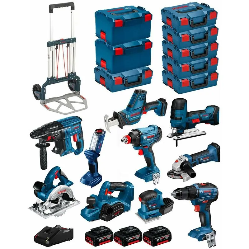 BOSCH Kit 18V BK1001 (GST18V-LIS+GKS18V-LI+GBH18V-21+GWS18-125V-LI+GSR18V-55+GSA18V-LIC+GDX18V-180+GLI18V-300+GHO18V-LI+3x4,0Ah)