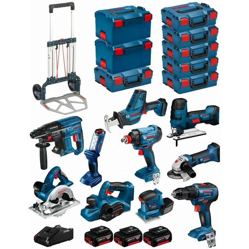 BOSCH Kit 18V BK1002 (GST18V-LIS+GKS18V-LI+GBH18V-21+GWS18-125V-LI+GSR18V-55+GSA18V-LIC+GDX18V-180+GLI18V-300+GHO18V-LI+3x5,0Ah)