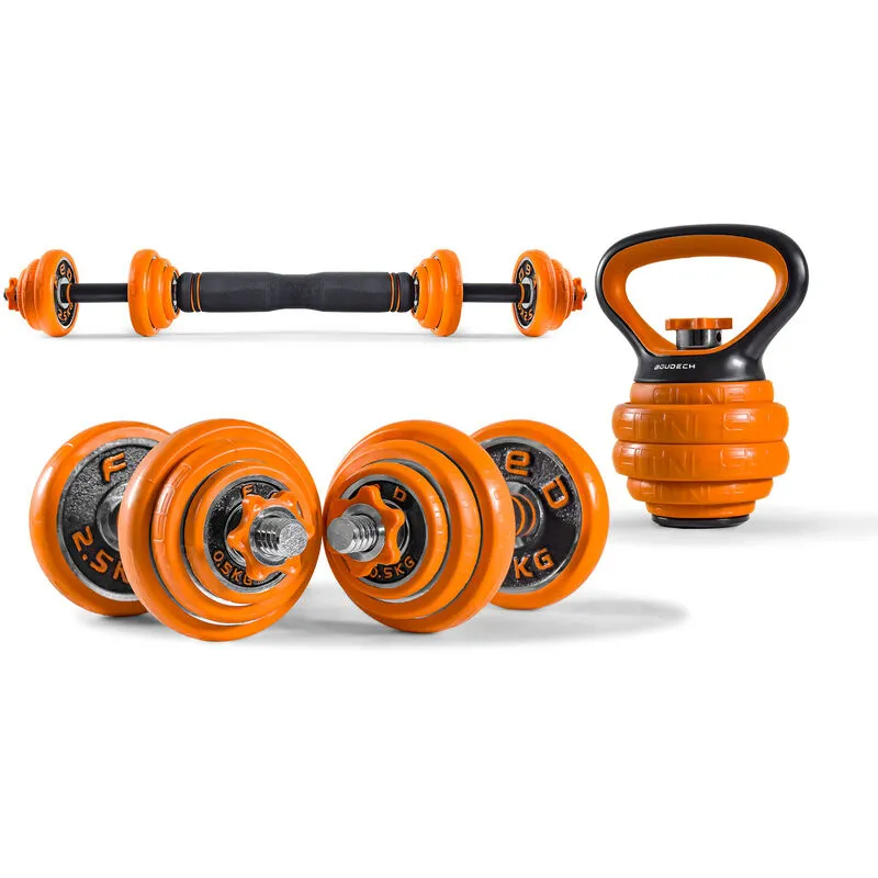 Boudech - f.e.d. 4in1 - Kit di manubri, bilancieri, maniglie e kettlebell da 20kg componibile e regolabile in acciaio zincato e ghisa con manicotti