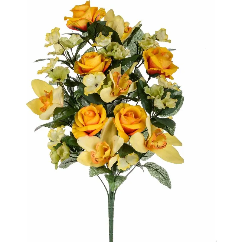 Giordanoshop - Set 2 Bouquet Artificiale Frontale di Rose e Cymbidium Altezza 53 cm Arancio