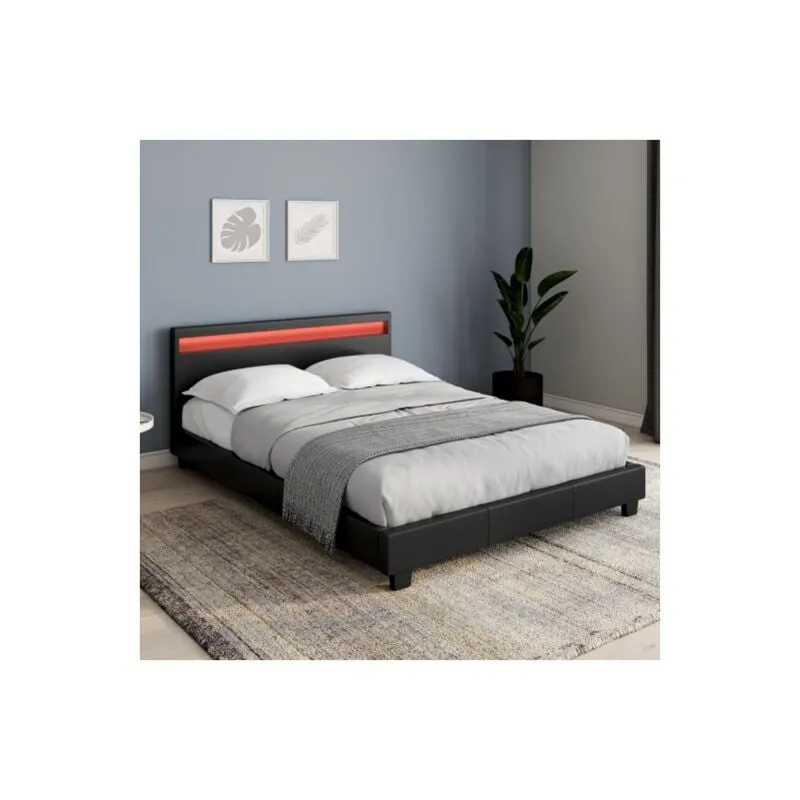 Cama doble neo 140 x 190 cm pvc negro con somier y led integrados