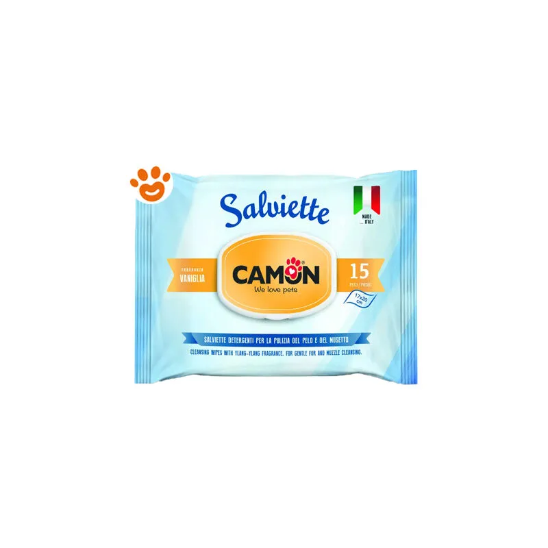 Camon Dog Cat Salviette Detergenti per Pulizia del Pelo e del Musetto Vaniglia - Confezione da 15 Salviette