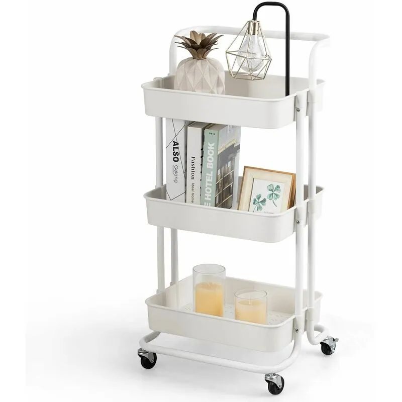 Carrello con 3 cesti e Maniglia, Carrello Multifunzione con Ruote, 87 x 35 x 42 cm,Nero/Bianco (Bianco)