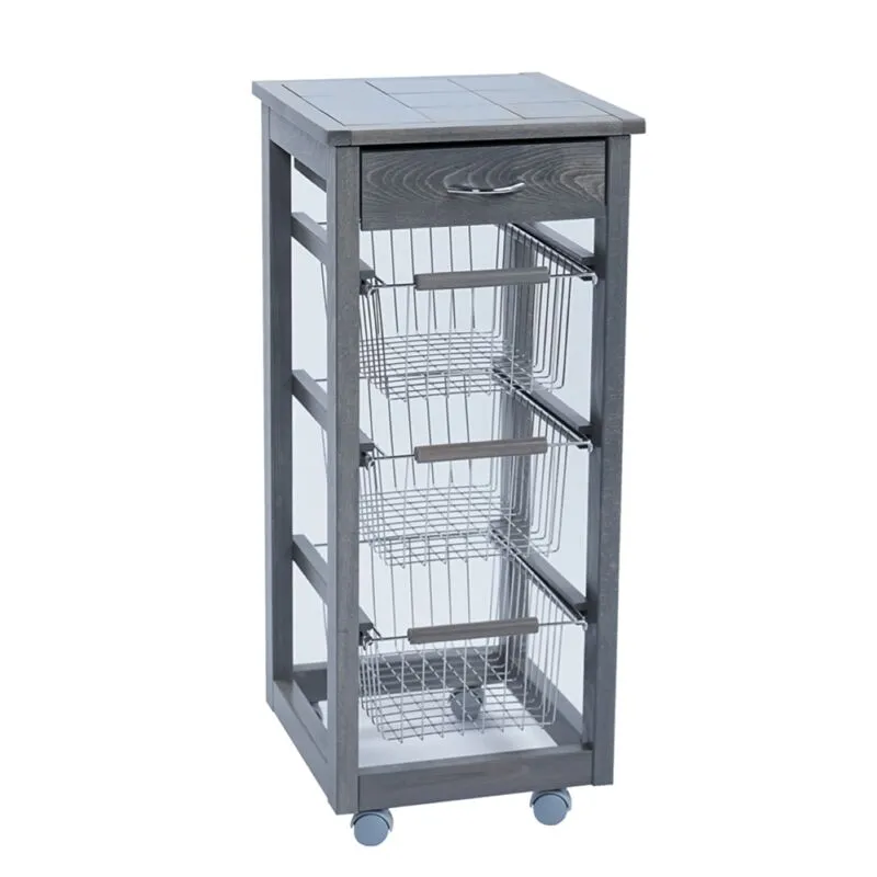 Liberoshopping - Carrello cucina slim in legno di faggio 3 cesti e 1 cassetto grigio