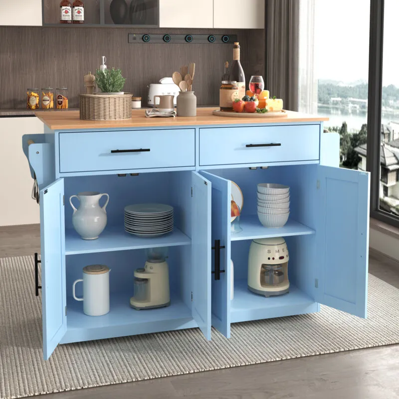 Carrello da cucina 120x46(70)x91 cm, piano ribaltabile con ruote e piedi in legno intercambiabili, blu