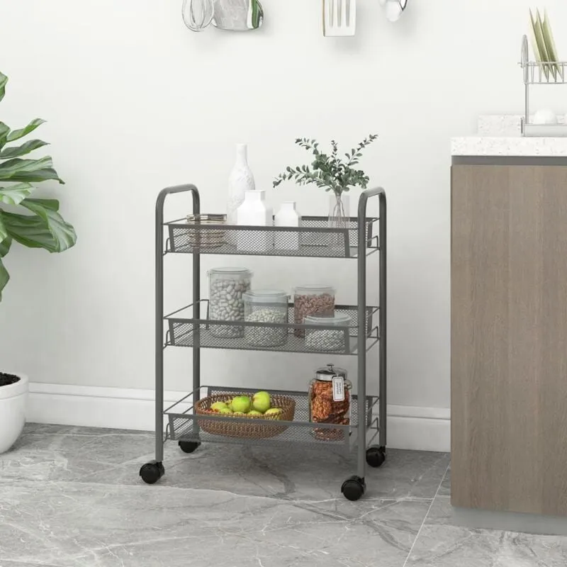 Carrello da Cucina con 3 Ripiani Grigio 46x26x64 cm in Ferro - Vidaxl