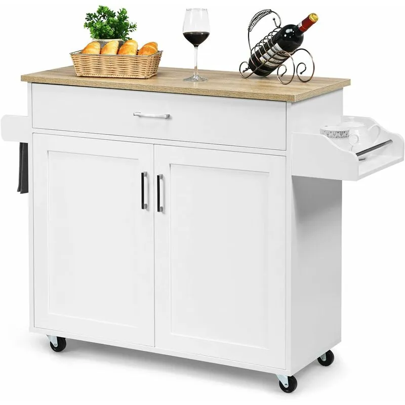 Costway - Carrello da Cucina con Ruote di Gomma, Scaffale per Microonde Carrello Servizio, Credenza Cucina Legno Moderno Elegante, 116 x 37 x 85 cm