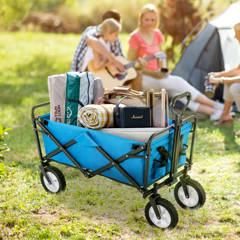 Wishdor - Carrello da giardino pieghevole fino a 120 kg con portabevande in rete. maniglie regolabili. Rotazione della ruota anteriore di 360°. Blu