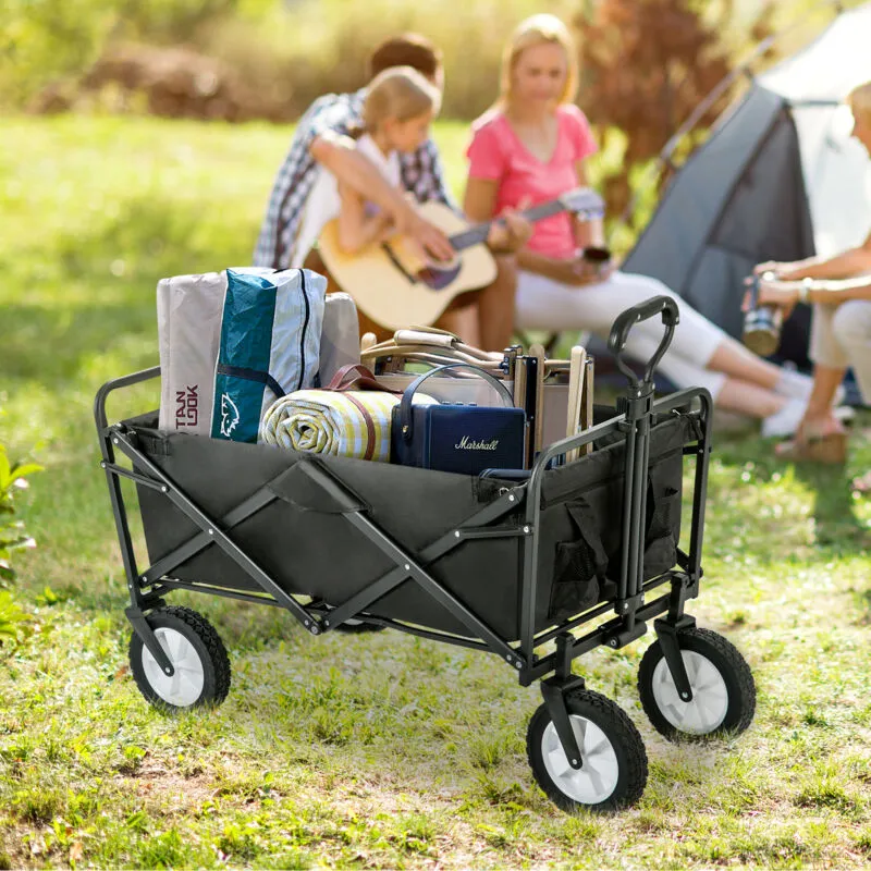 Wishdor - Carrello da giardino pieghevole fino a 120 kg con portabevande in rete. maniglie regolabili. Rotazione della ruota anteriore di 360°. Nero