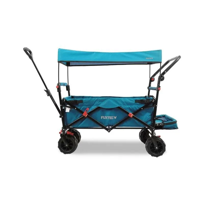 Carrello da spiaggia pieghevole Fuxtec FX-CTB800 blu con tettuccio parasole protetto dai raggi uv, maniglia di spinta e prolungamento interno