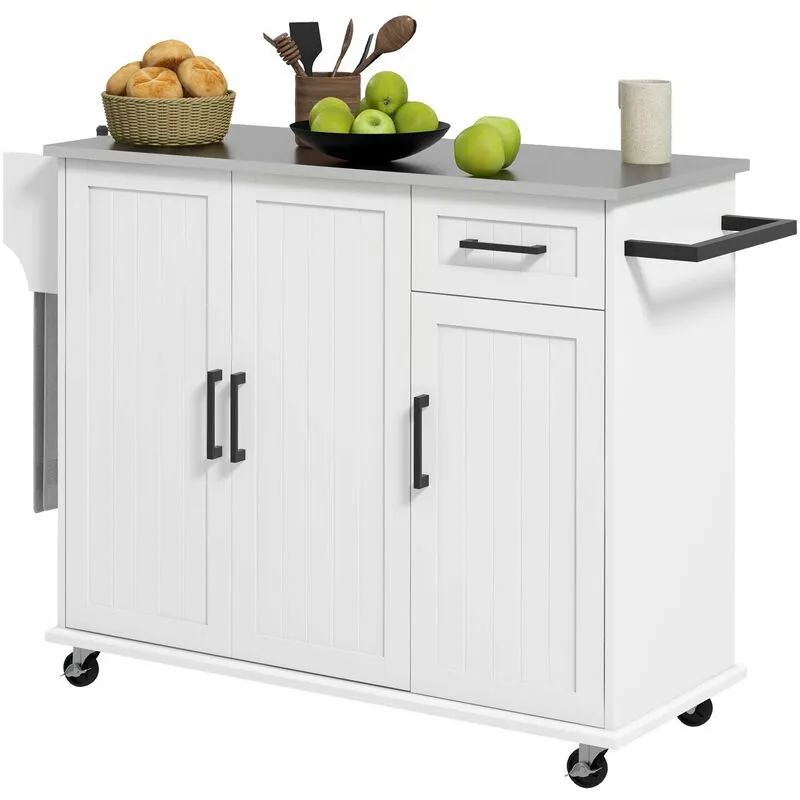 Carrello Isola da Cucina 128x45,5x91,5 cm in mdf e Acciaio Inox Bianco