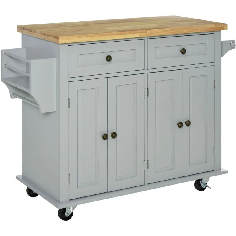 Carrello Isola da Cucina 2 Cassetti e 2 Armadietti Piano in Legno 111x44,5x82,5 cm Grigio