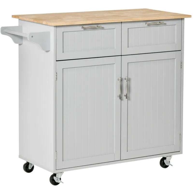 Carrello Isola da Cucina 2 Cassetti e Armadietto Piano in Legno 104x46x91 cm Grigio