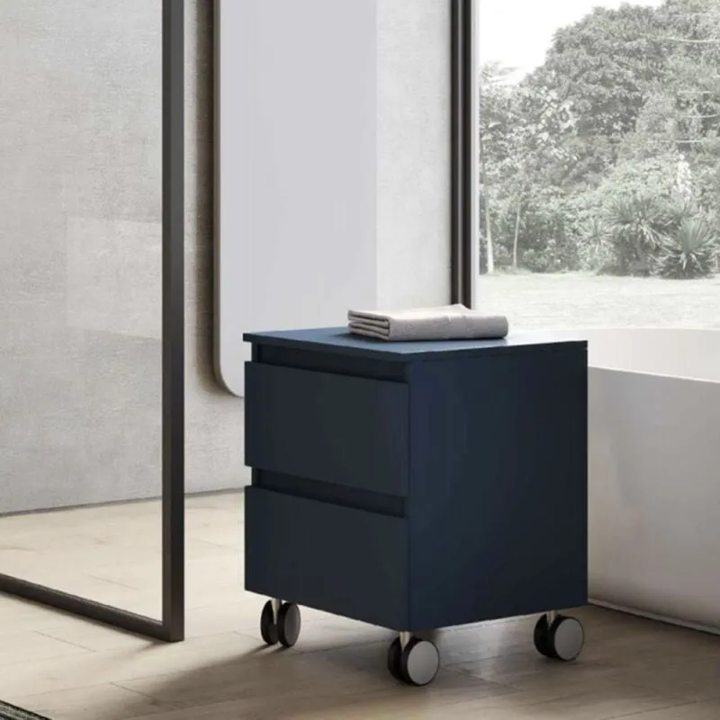 Carrello multiuso in legno 41x44xH58 con ruote e 2 cassetti Blu Opaco