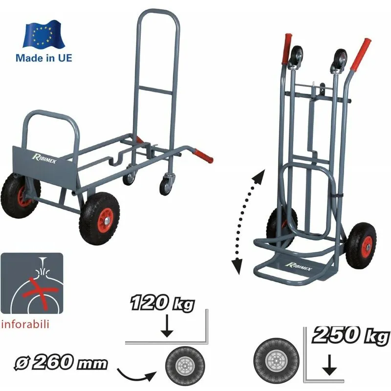 PRCD2P Carrello professionale 2 posizioni, fisso e ribaltabile, 4 ruote, Portata 250 kg - Ribimex