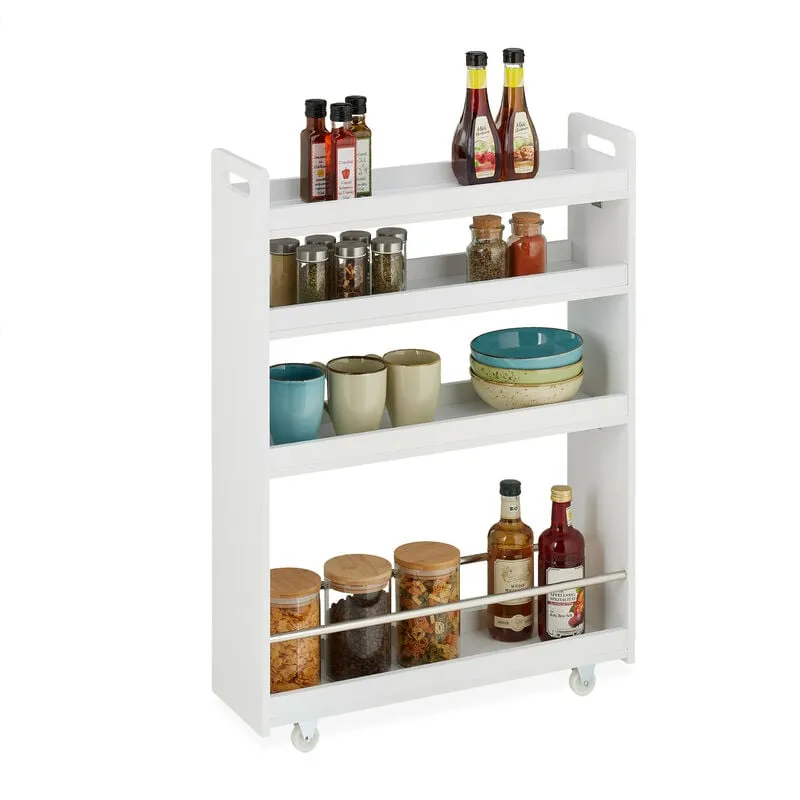 Carrello Salvaspazio da Cucina, Scaffale su Ruote con 4 Ripiani, Carrellino Bagno 83,5x18x59,5 cm, mdf, Bianco - Relaxdays