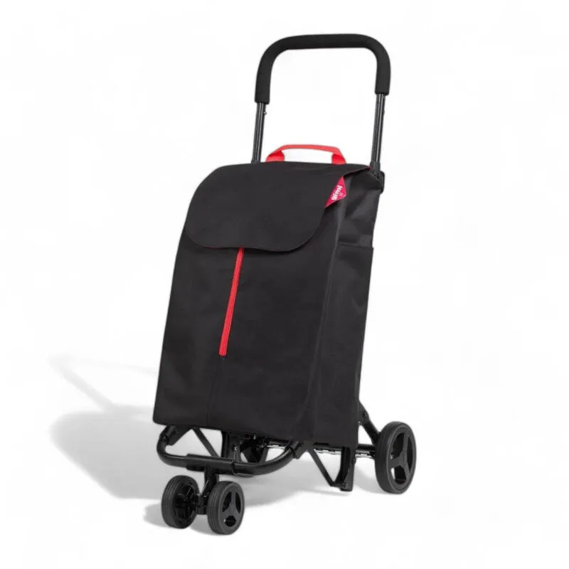 Carrello spesa con sacca poliestere nero 50 litri 4 ruote doppio uso struttura acciaio peso leggero zip frontale - Nero