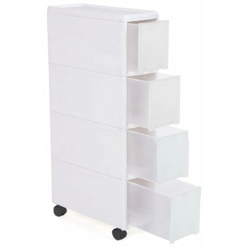 Carrello Stretto Multiuso 4 Cassetti Salvaspazio con Ruote in Plastica Bianco