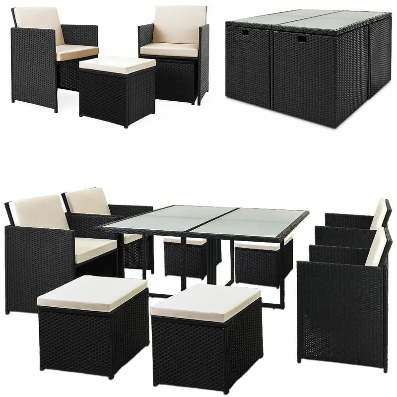  - Salotto set da esterno in polyrattan Cube 8+1 poltroncine con schienale rischiudibile cuscini spessi 7cm fodere lavabili Set mobili da