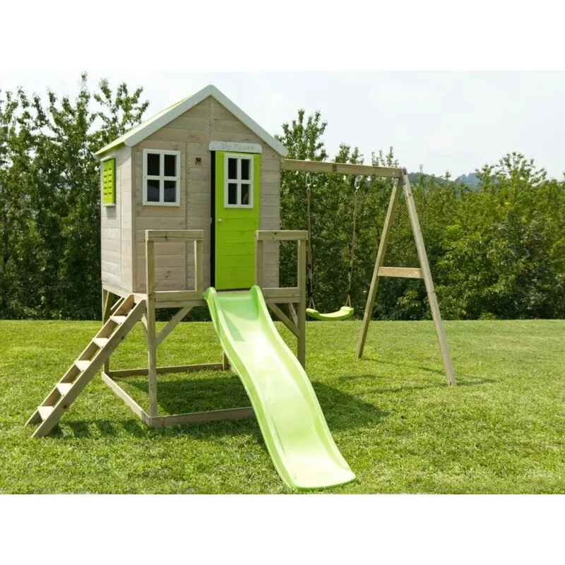 Casetta Casina legno su palafitta bamby con altalena e scivolo per Bambini cm 120x120x155h Gioco